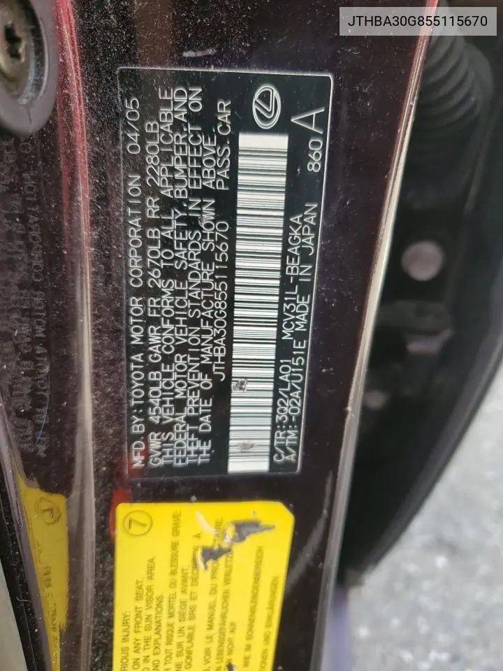 2005 Lexus Es 330 VIN: JTHBA30G855115670 Lot: 52748945