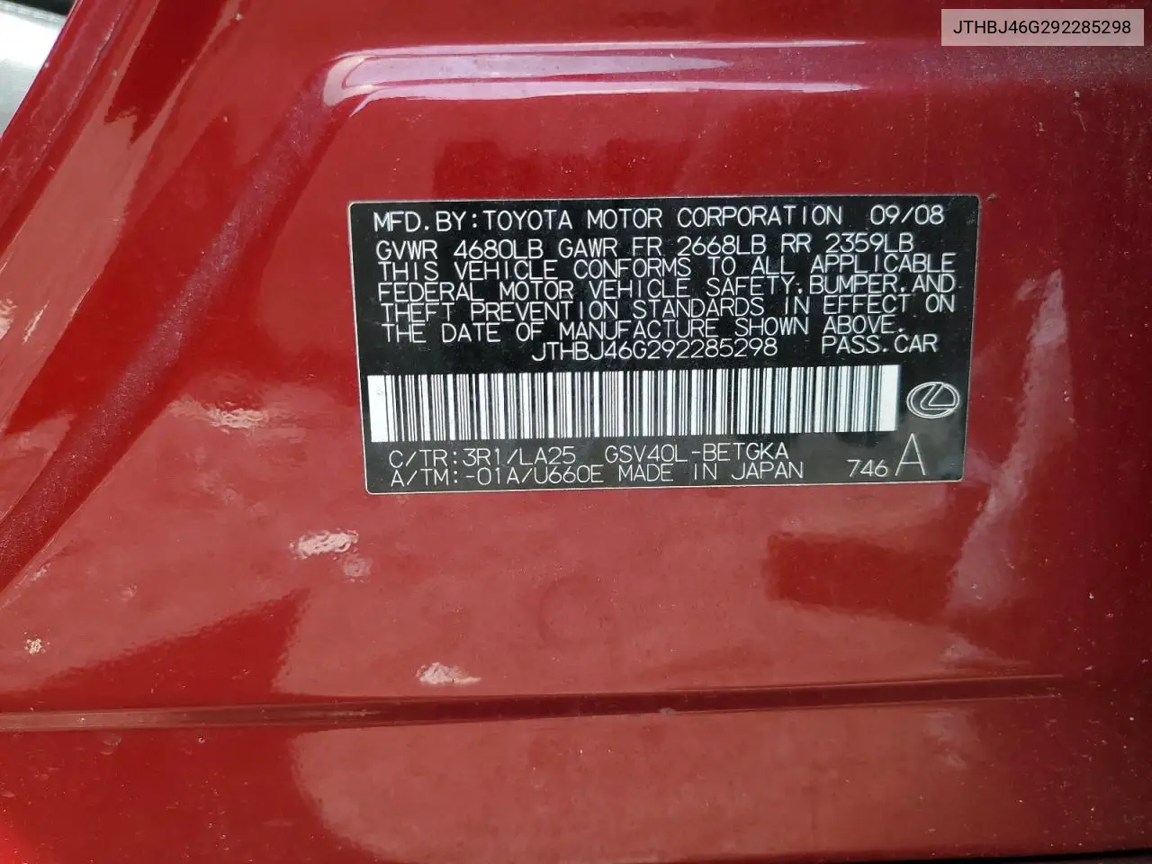 2009 Lexus Es 350 VIN: JTHBJ46G292285298 Lot: 63025825