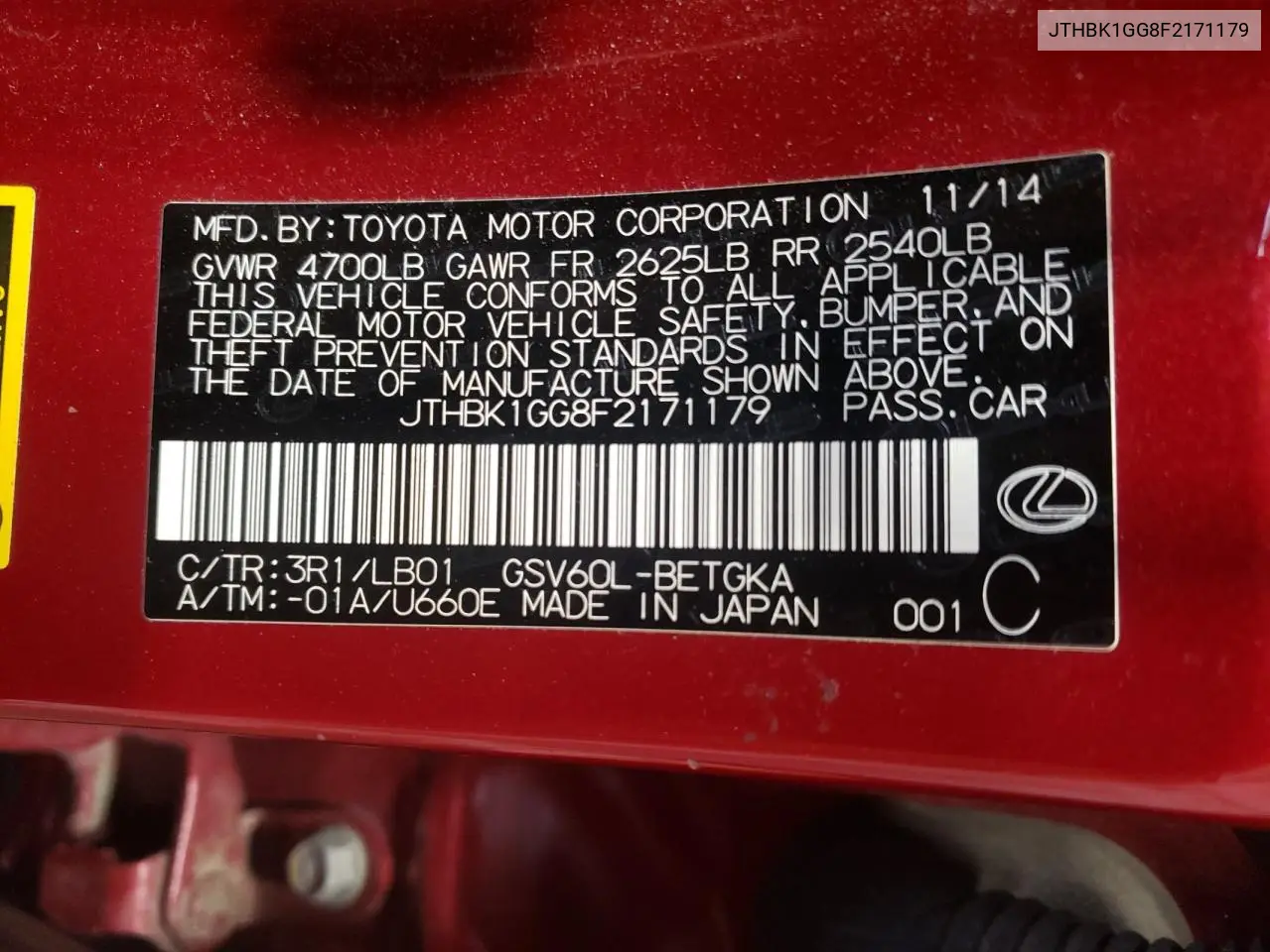 2015 Lexus Es 350 VIN: JTHBK1GG8F2171179 Lot: 62402865