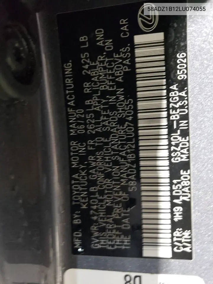 2020 Lexus Es 350 VIN: 58ADZ1B12LU074055 Lot: 62514855