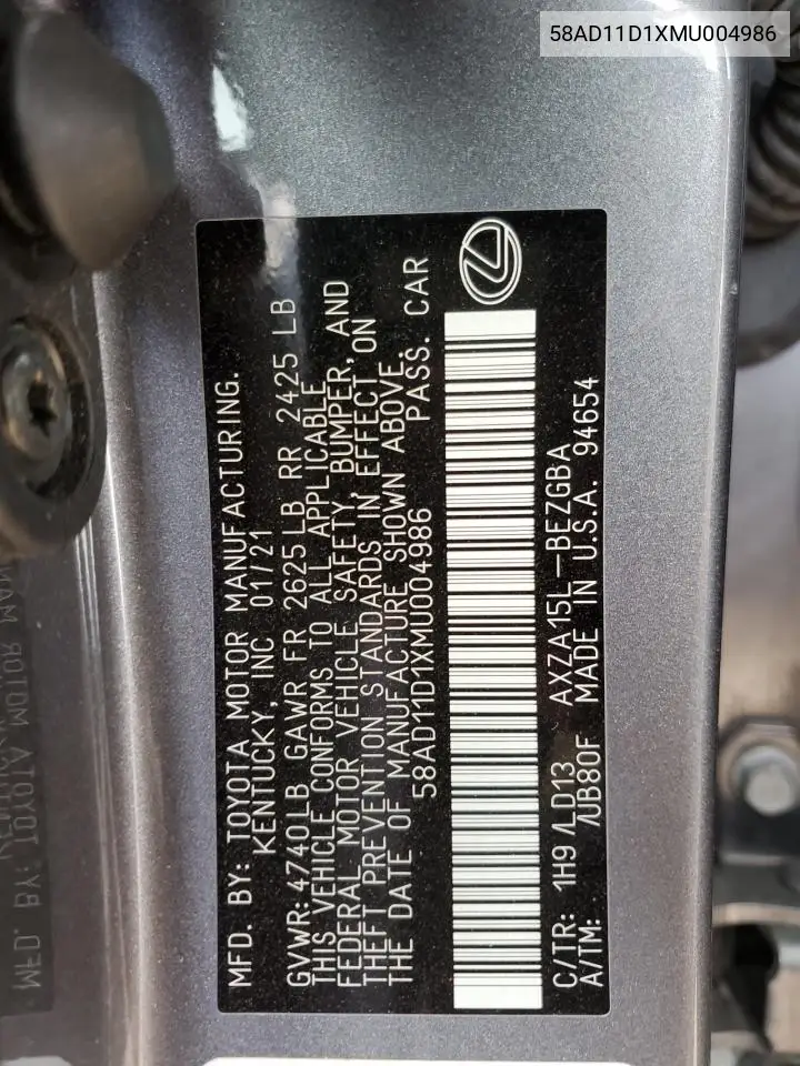 2021 Lexus Es 250 Base VIN: 58AD11D1XMU004986 Lot: 62398845