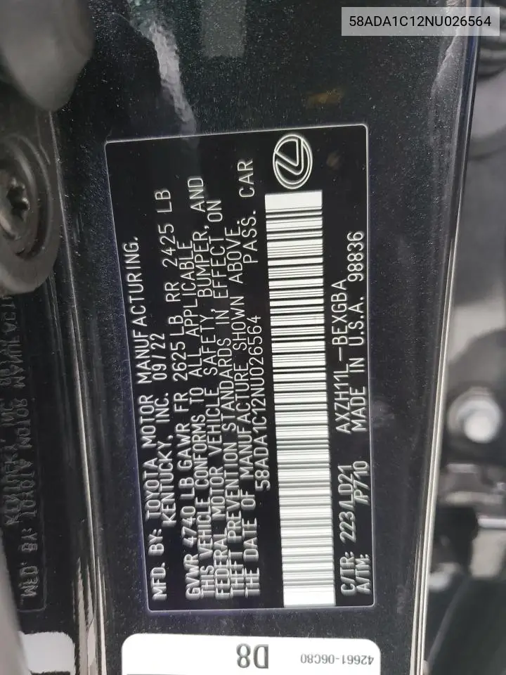 2022 Lexus Es 300H Base VIN: 58ADA1C12NU026564 Lot: 61644795