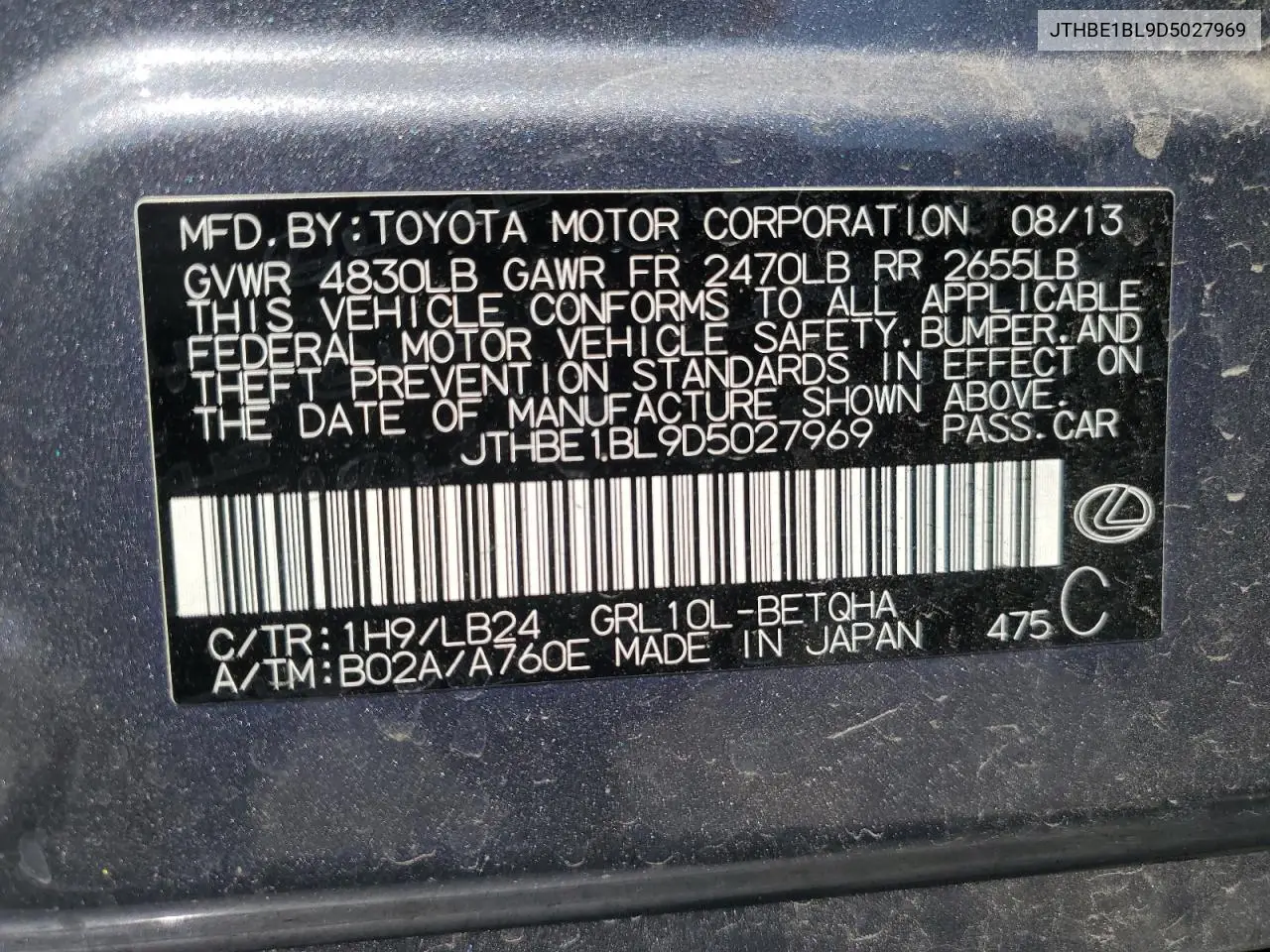 2013 Lexus Gs 350 VIN: JTHBE1BL9D5027969 Lot: 62105705