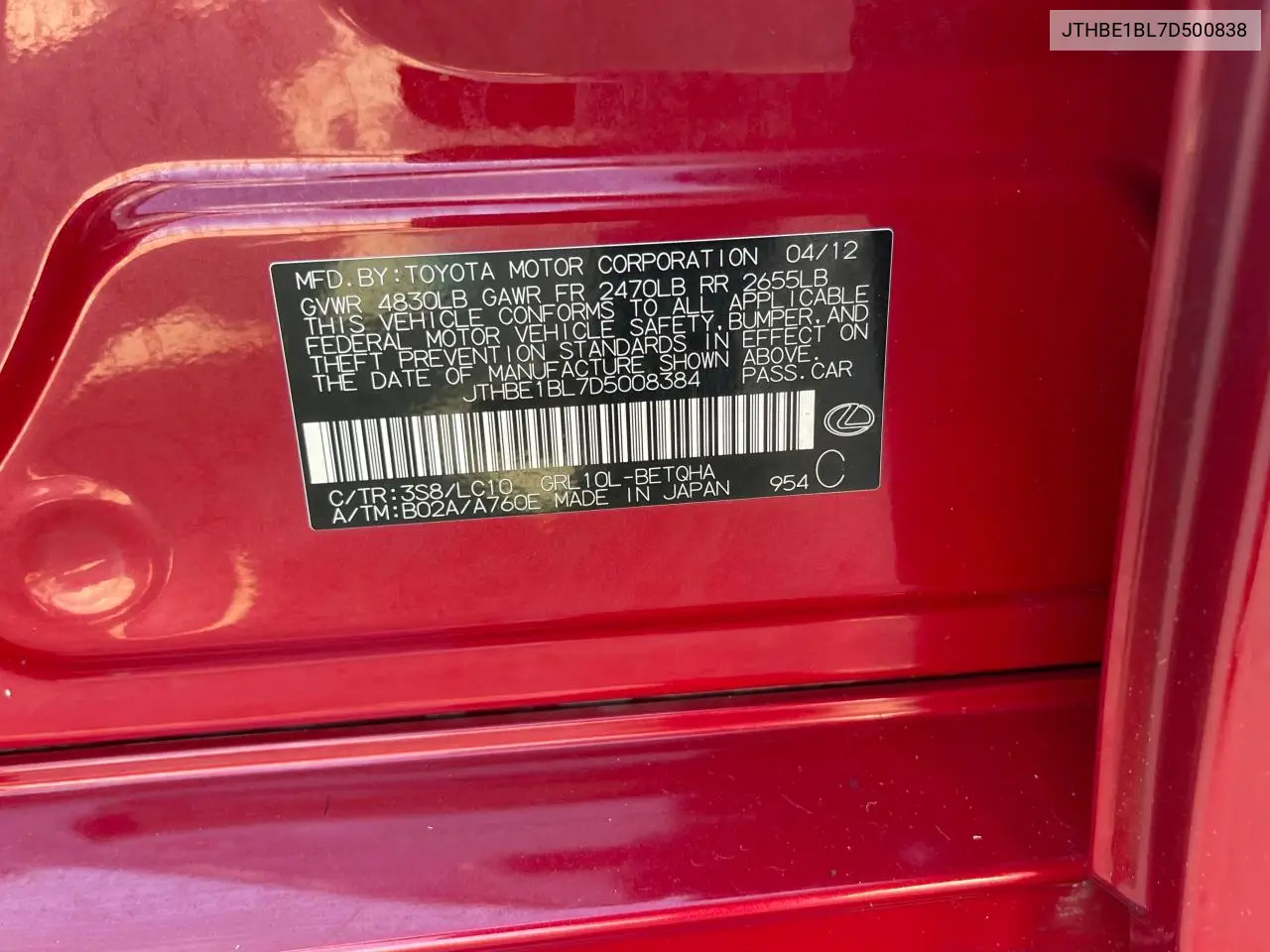 2013 Lexus Gs 350 VIN: JTHBE1BL7D500838 Lot: 62813245