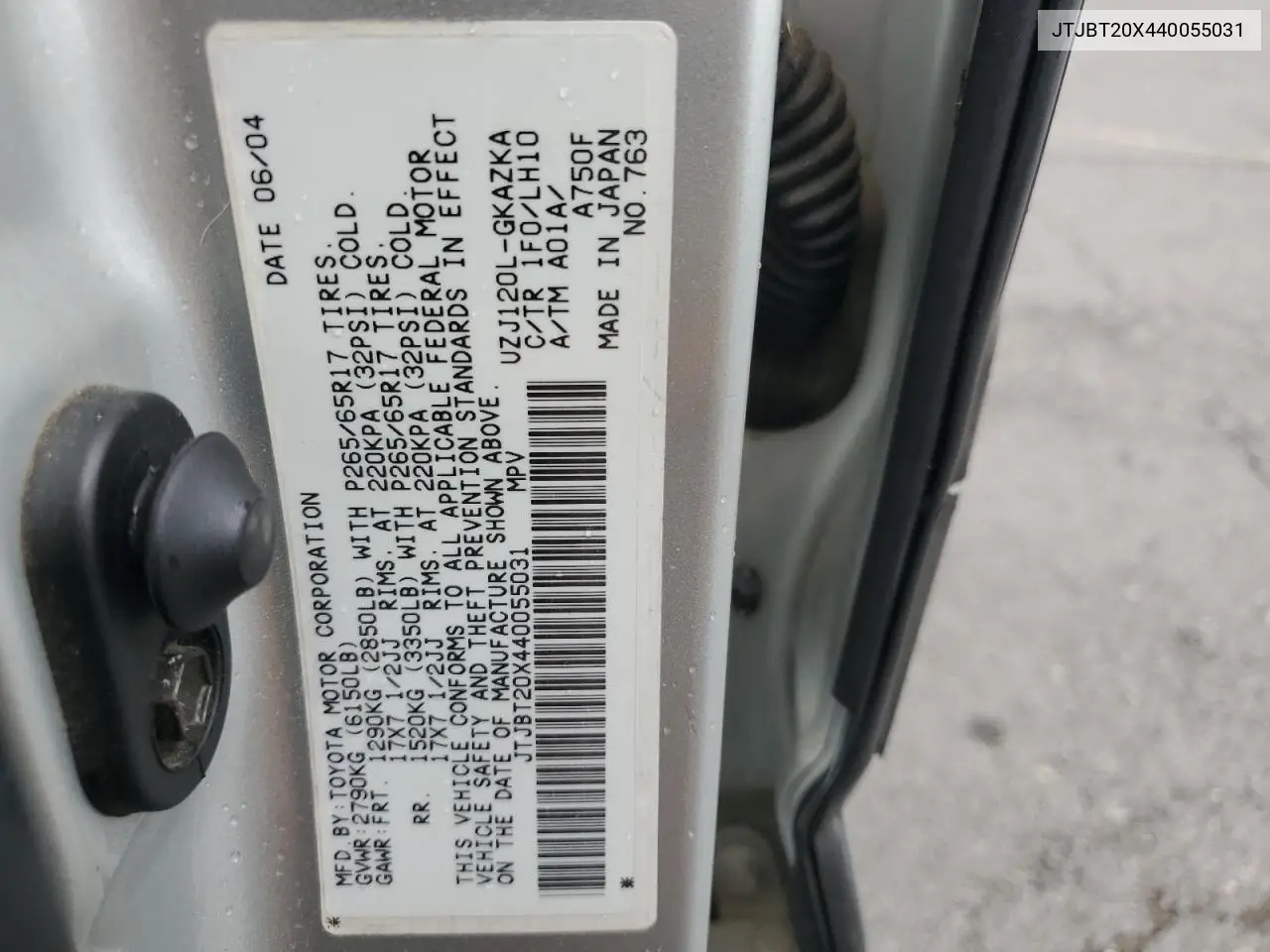 2004 Lexus Gx 470 VIN: JTJBT20X440055031 Lot: 55537995