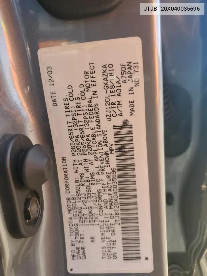 2004 Lexus Gx 470 VIN: JTJBT20X040035696 Lot: 63150355