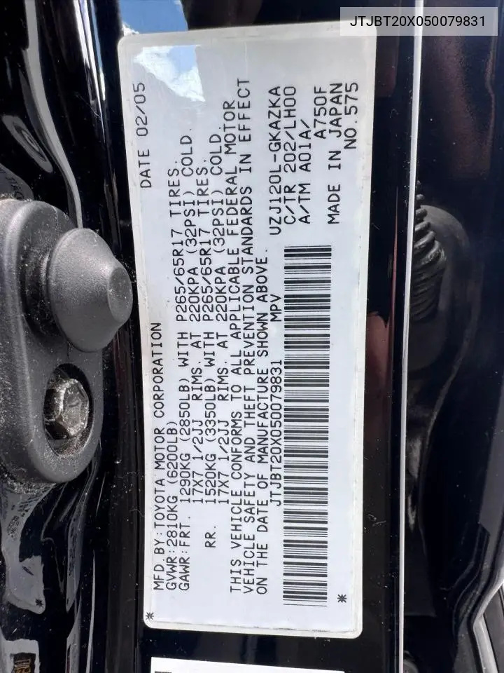 2005 Lexus Gx 470 VIN: JTJBT20X050079831 Lot: 56405105
