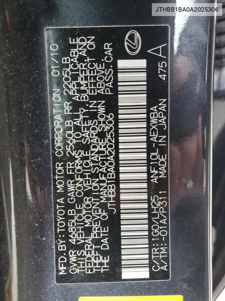 2010 Lexus Hs 250H VIN: JTHBB1BA0A2025306 Lot: 54450975