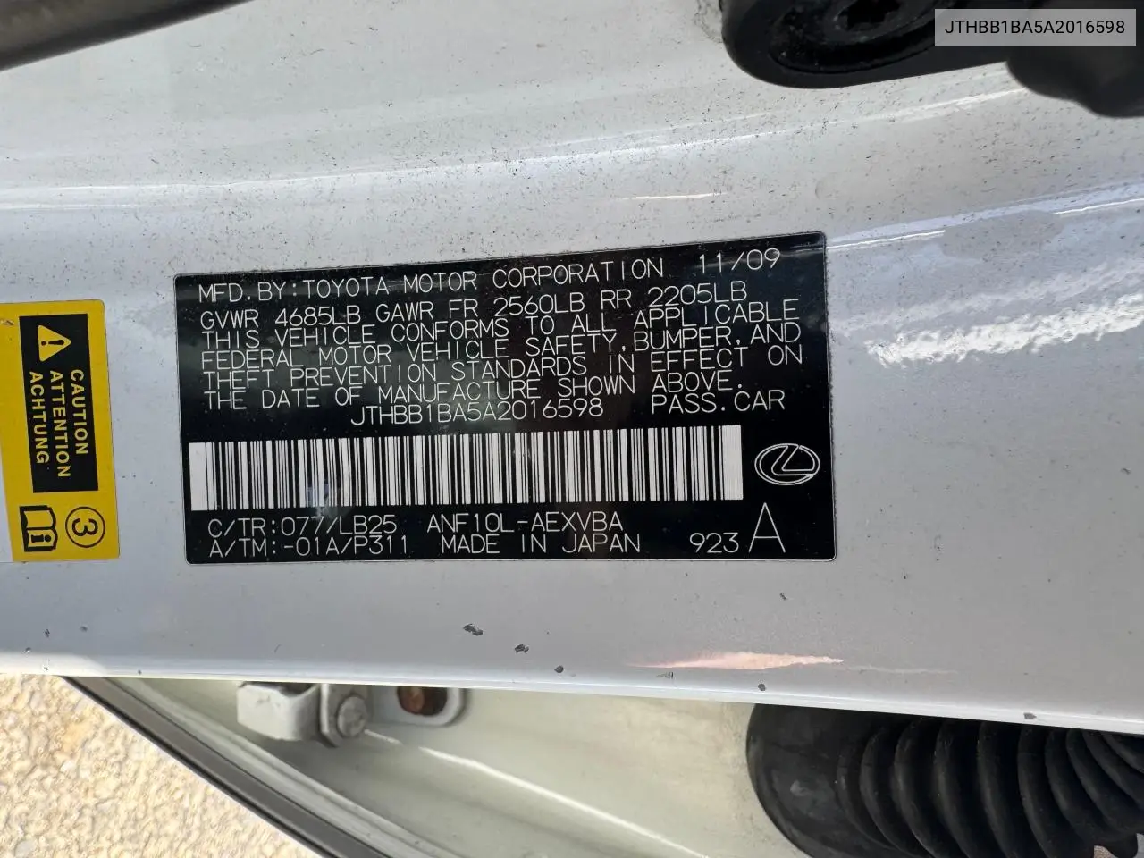 2010 Lexus Hs 250H VIN: JTHBB1BA5A2016598 Lot: 56955945