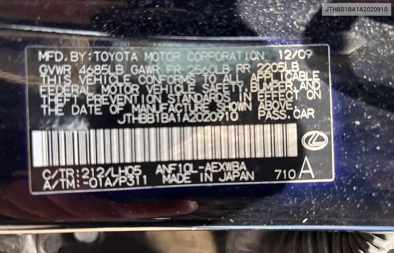 2010 Lexus Hs 250H VIN: JTHBB1BA1A2020910 Lot: 57009775