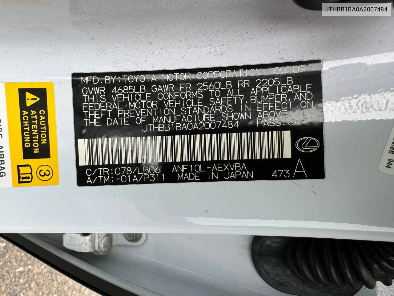 2010 Lexus Hs 250H VIN: JTHBB1BA0A2007484 Lot: 59062425
