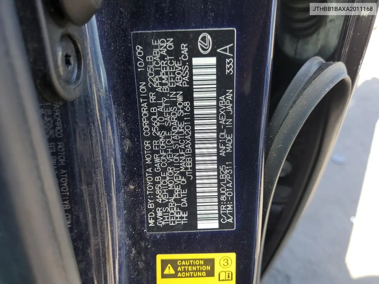 2010 Lexus Hs 250H VIN: JTHBB1BAXA2011168 Lot: 60274485