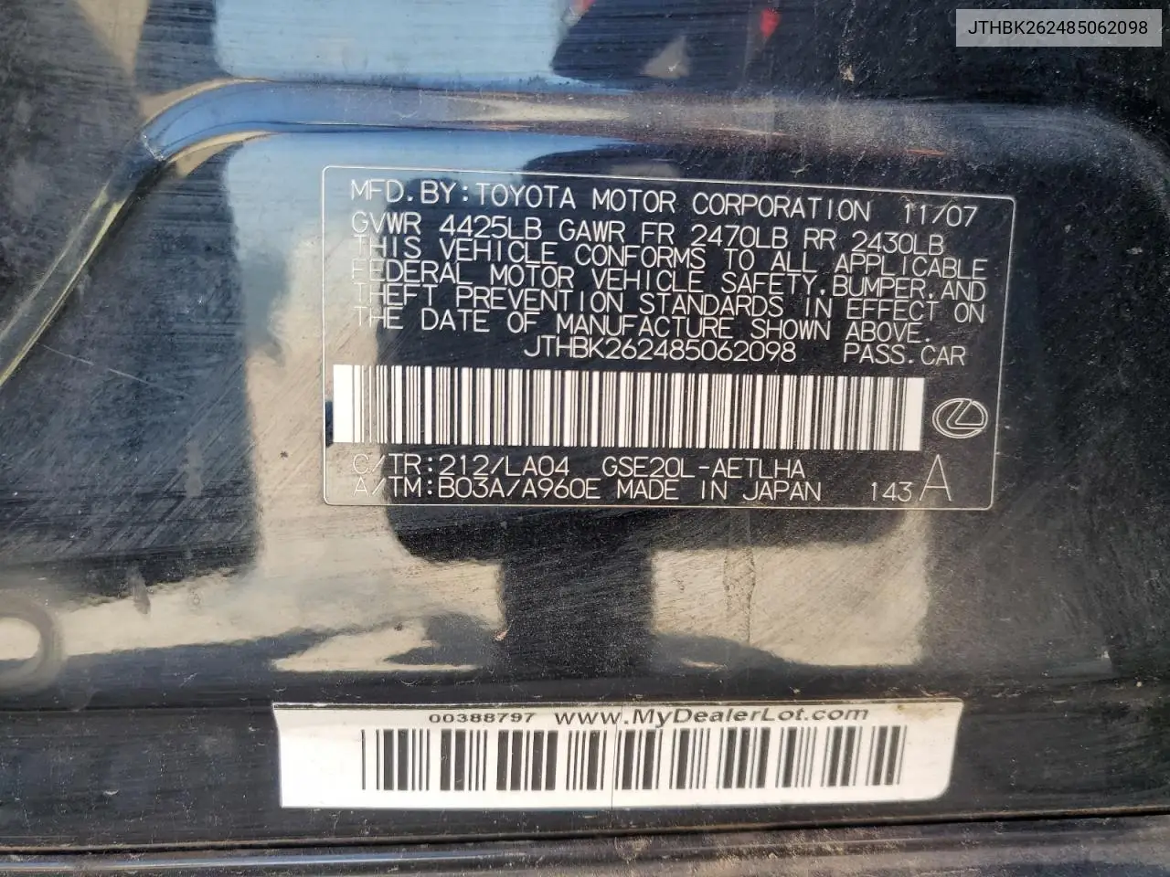 2008 Lexus Is 250 VIN: JTHBK262485062098 Lot: 61596025