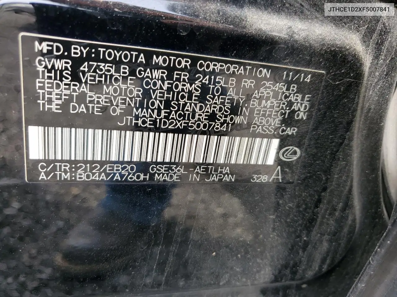 2015 Lexus Is 350 VIN: JTHCE1D2XF5007841 Lot: 54755015