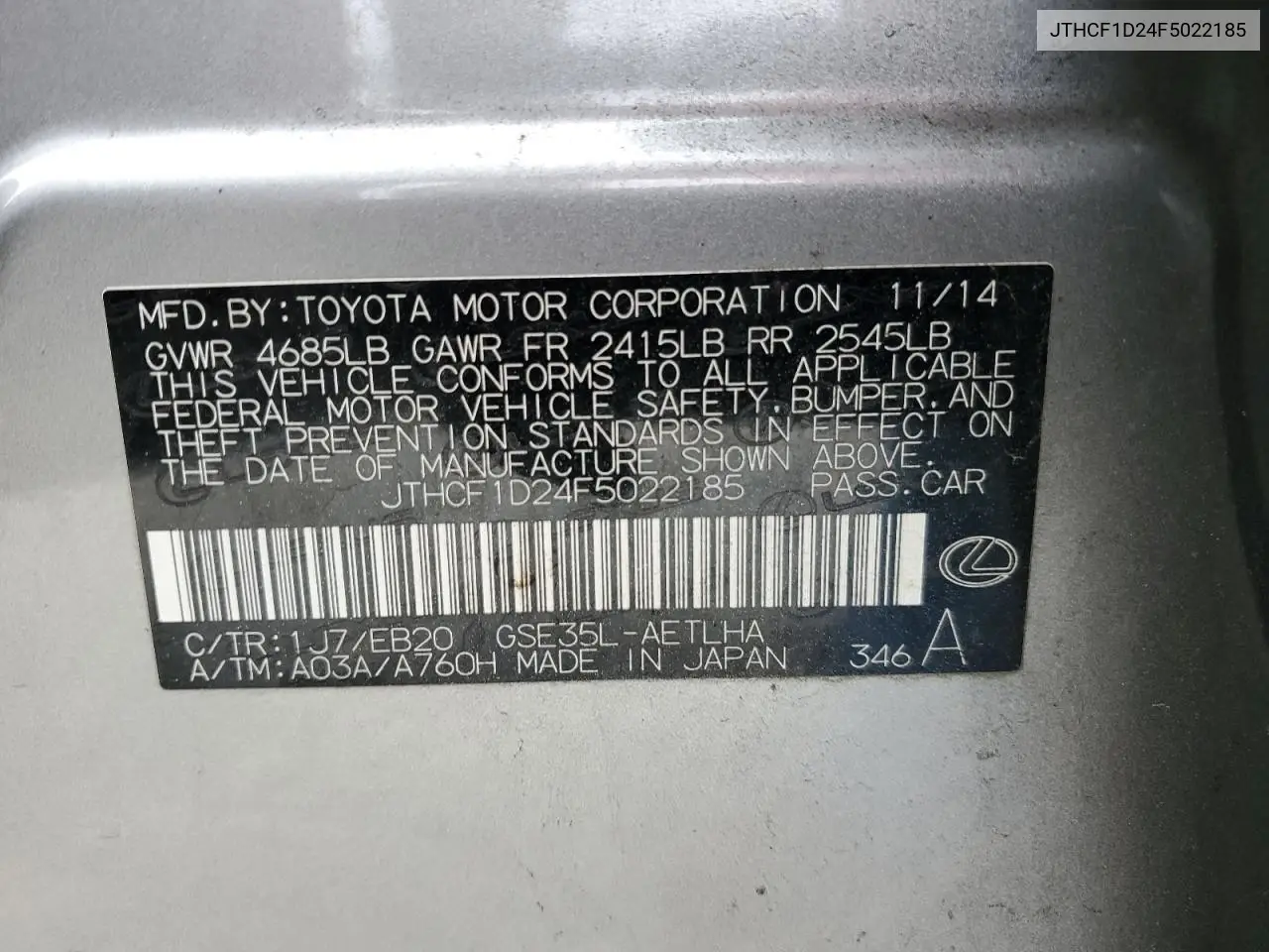 2015 Lexus Is 250 VIN: JTHCF1D24F5022185 Lot: 62381605