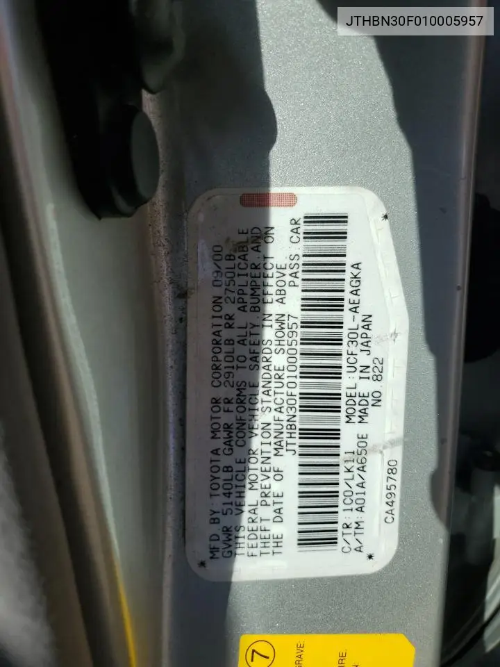 2001 Lexus Ls 430 VIN: JTHBN30F010005957 Lot: 62969855