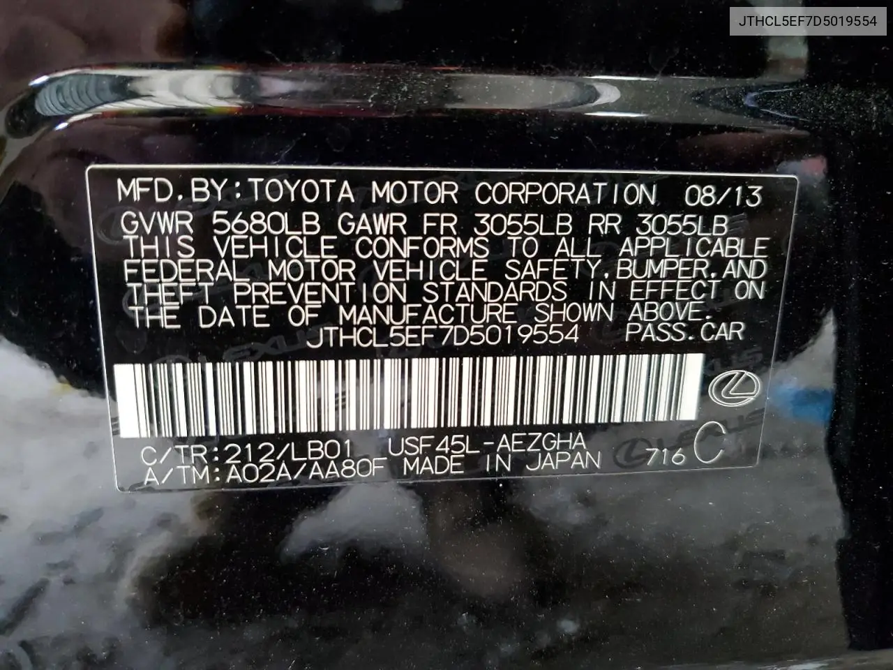2013 Lexus Ls 460 VIN: JTHCL5EF7D5019554 Lot: 54660285