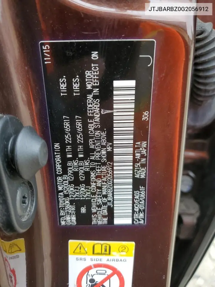 2016 Lexus Nx 200T Base VIN: JTJBARBZ0G2056912 Lot: 62844385
