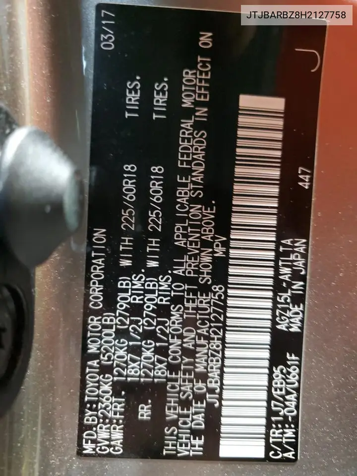 2017 Lexus Nx 200T Base VIN: JTJBARBZ8H2127758 Lot: 62742585