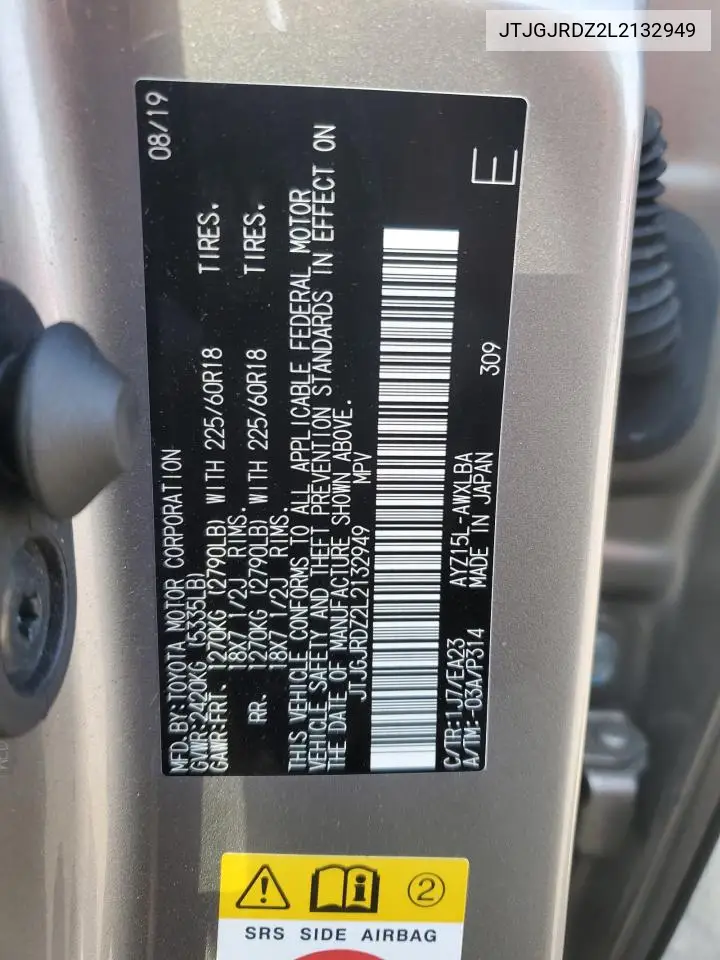 2020 Lexus Nx 300H VIN: JTJGJRDZ2L2132949 Lot: 61498925
