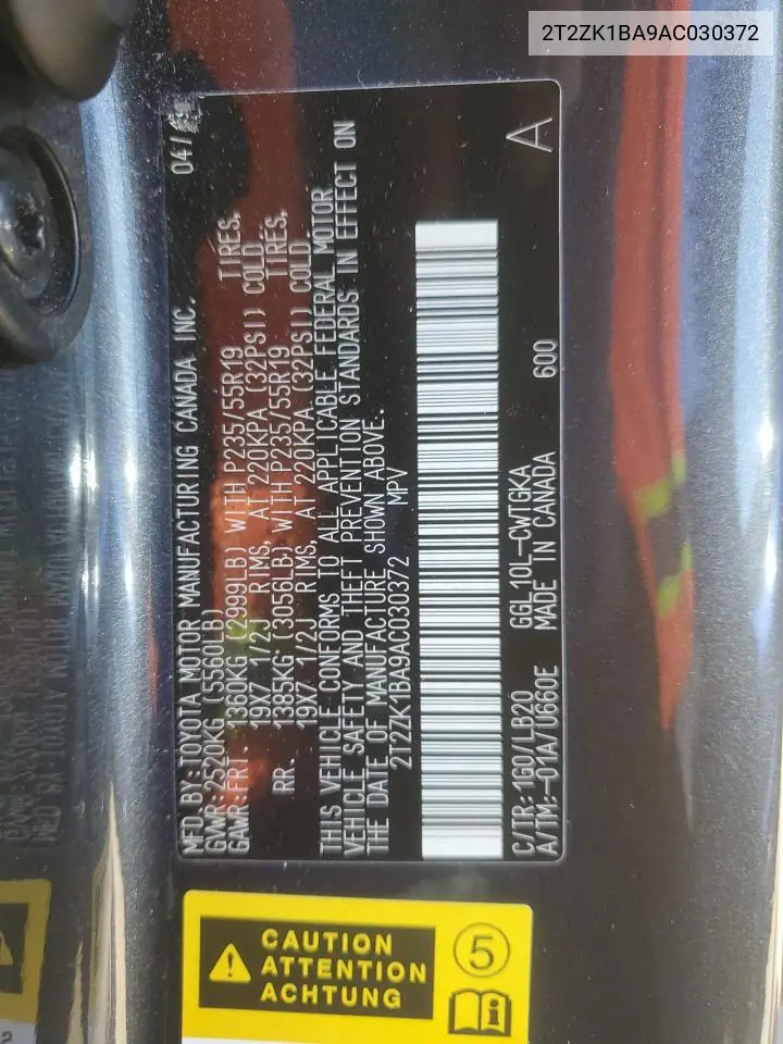 2010 Lexus Rx 350 VIN: 2T2ZK1BA9AC030372 Lot: 56892975