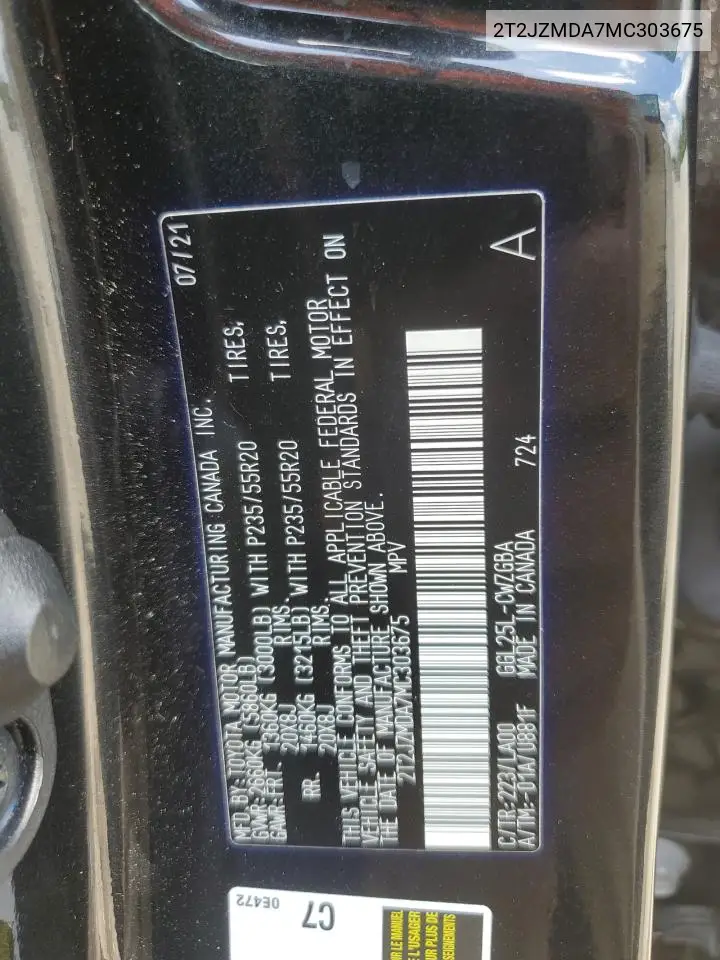 2021 Lexus Rx 350 VIN: 2T2JZMDA7MC303675 Lot: 57057835