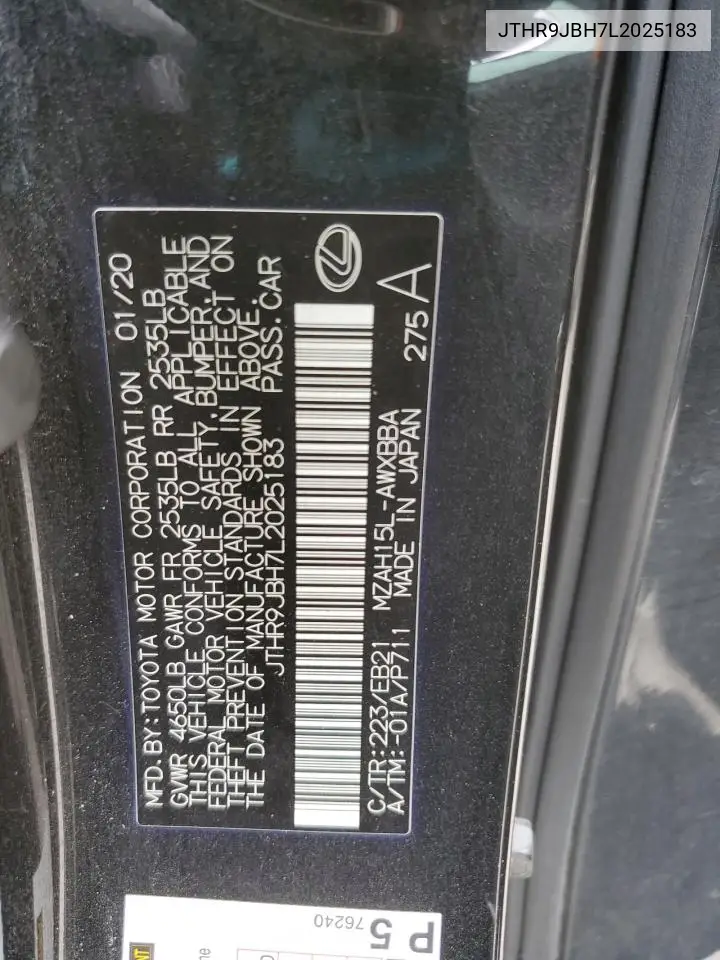 2020 Lexus Ux 250H VIN: JTHR9JBH7L2025183 Lot: 61575105