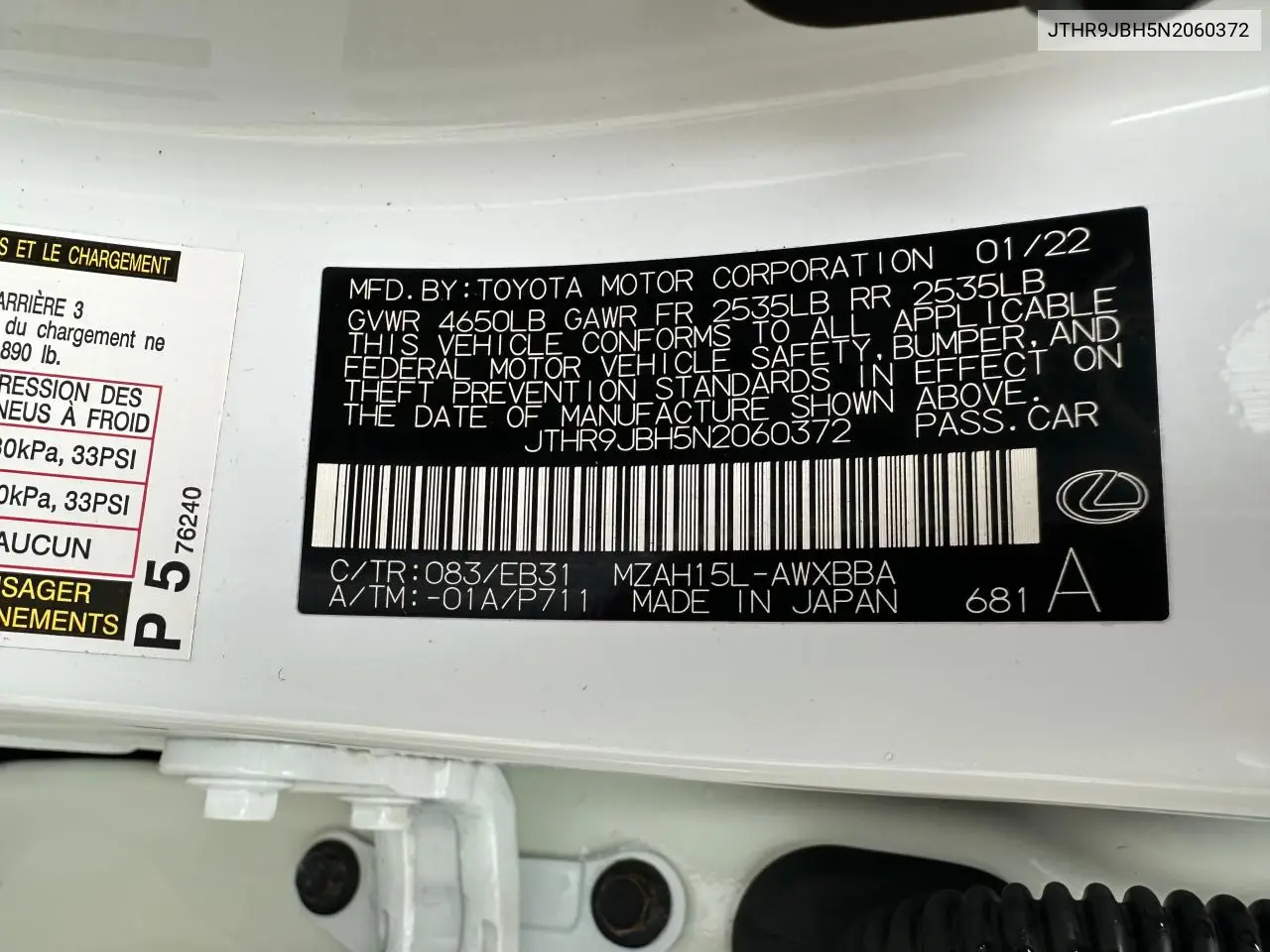 2022 Lexus Ux 250H Base VIN: JTHR9JBH5N2060372 Lot: 61839575