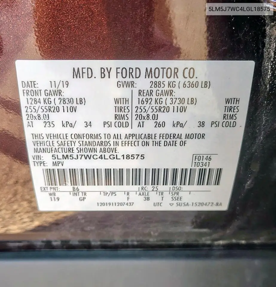 2020 Lincoln Aviator Reserve VIN: 5LM5J7WC4LGL18575 Lot: 62200675