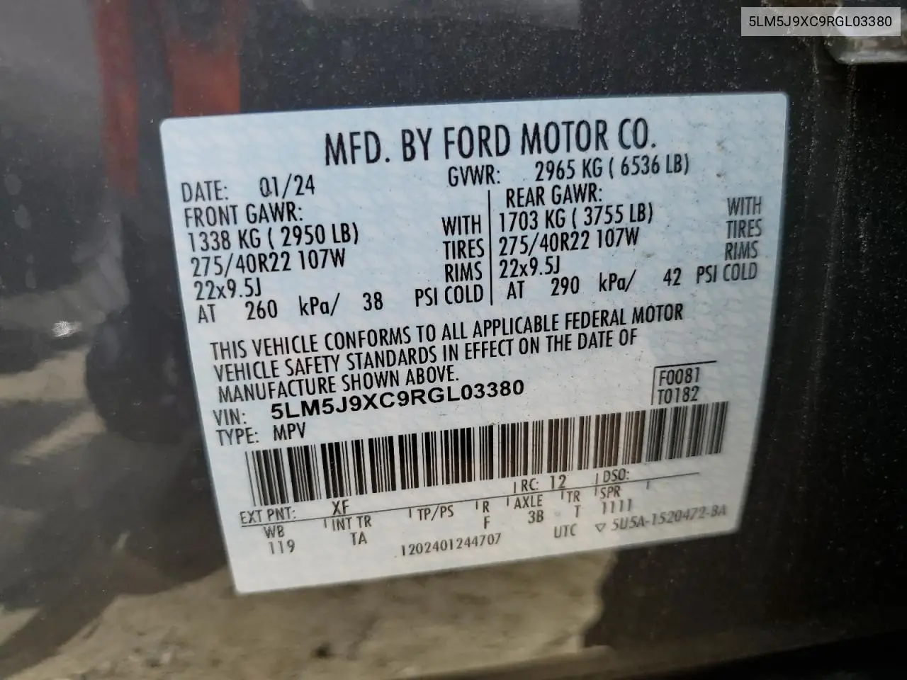 2024 Lincoln Aviator Black Label VIN: 5LM5J9XC9RGL03380 Lot: 58242145