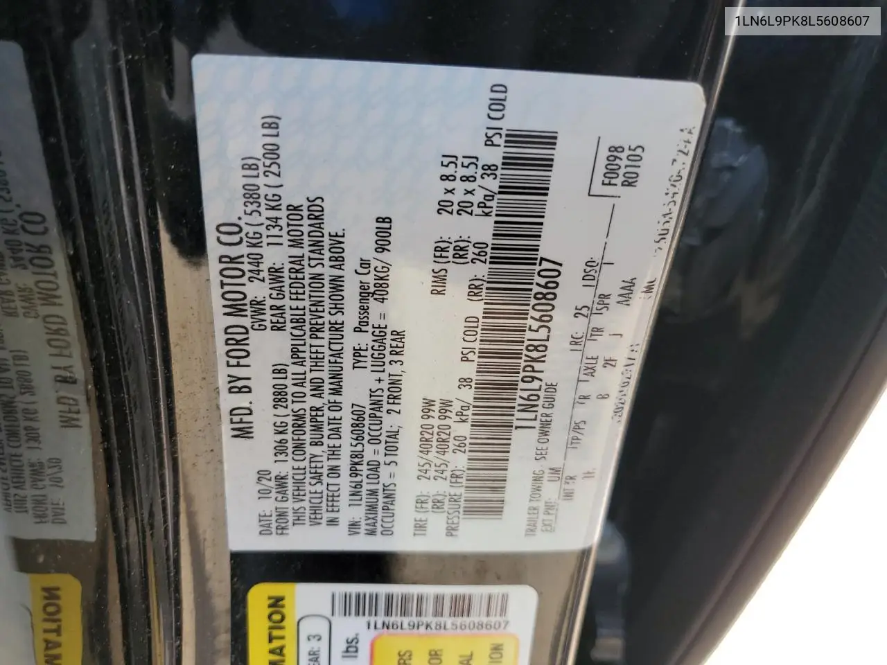 2020 Lincoln Continental VIN: 1LN6L9PK8L5608607 Lot: 60081235