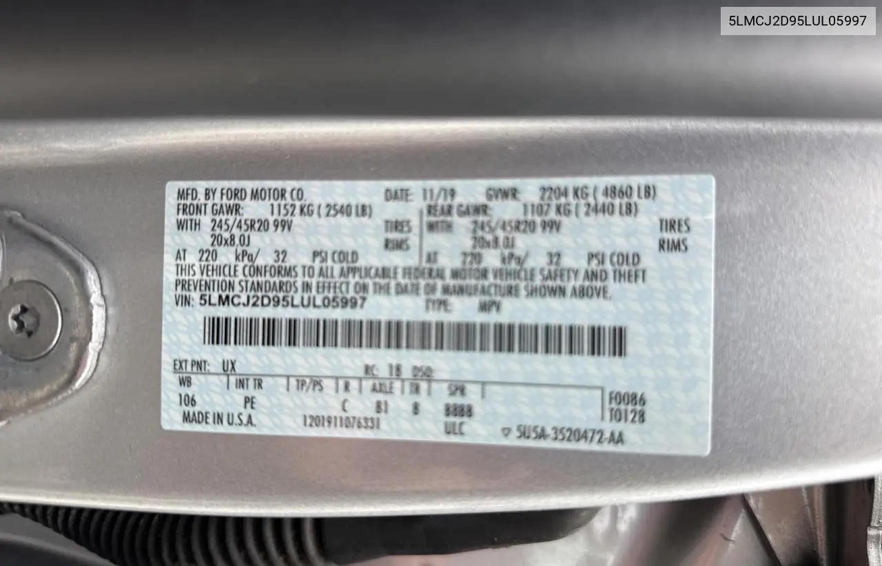 2020 Lincoln Corsair Reserve VIN: 5LMCJ2D95LUL05997 Lot: 55625465