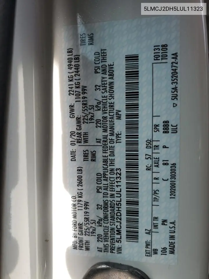 2020 Lincoln Corsair Reserve VIN: 5LMCJ2DH5LUL11323 Lot: 61565345