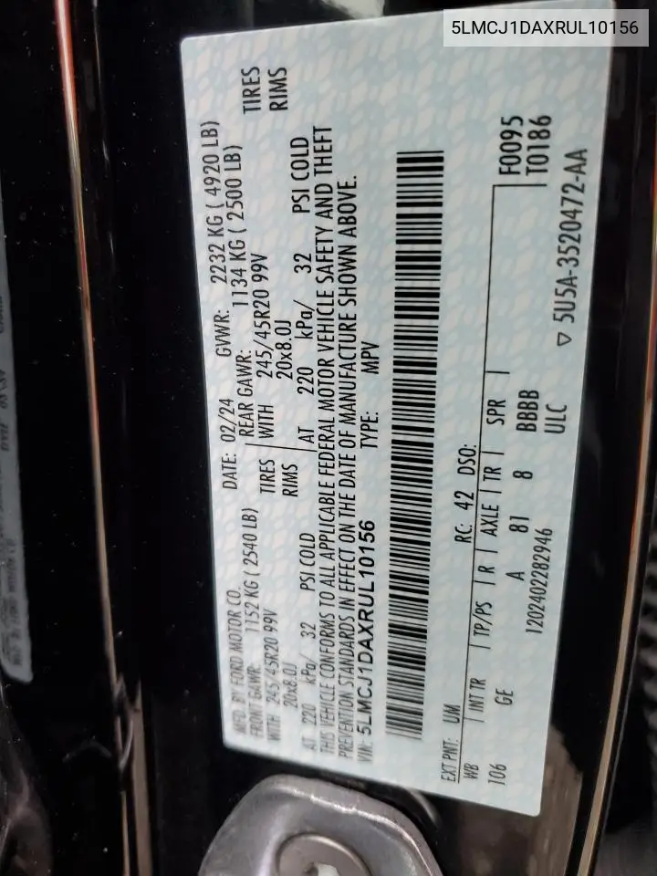 2024 Lincoln Corsair VIN: 5LMCJ1DAXRUL10156 Lot: 55432535