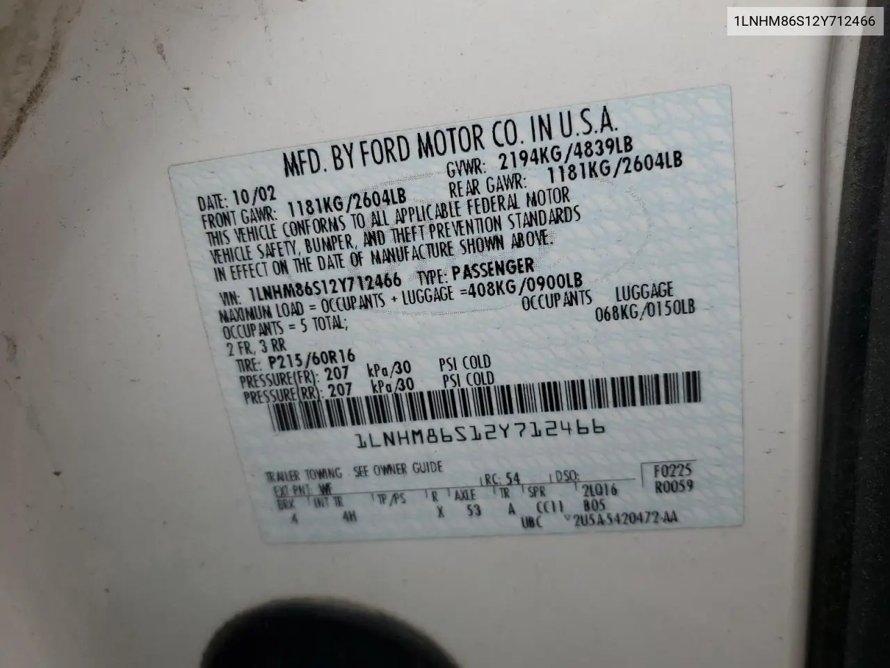 2002 Lincoln Ls VIN: 1LNHM86S12Y712466 Lot: 54281505