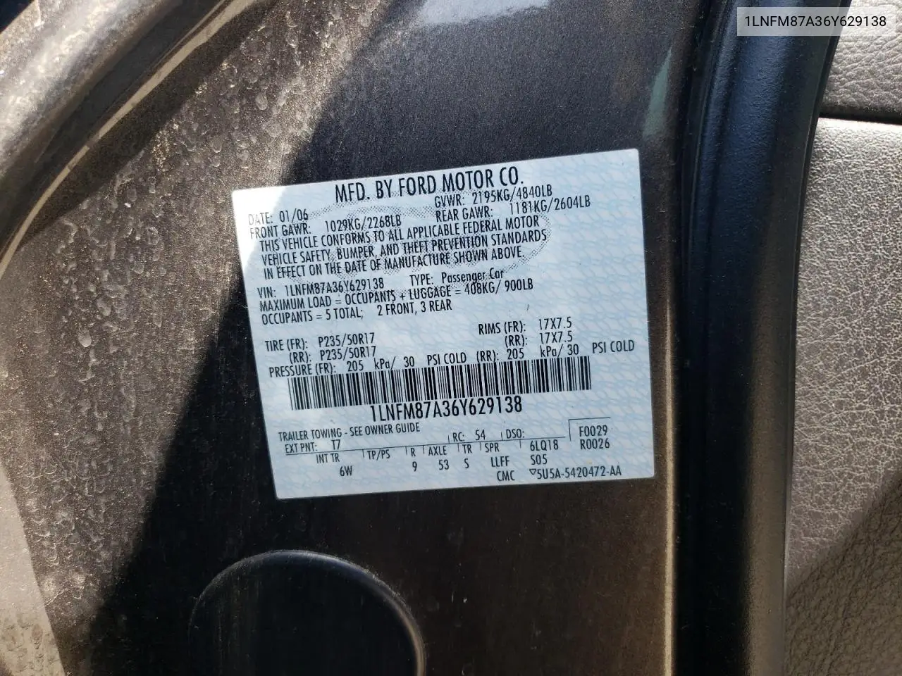 2006 Lincoln Ls VIN: 1LNFM87A36Y629138 Lot: 62052895