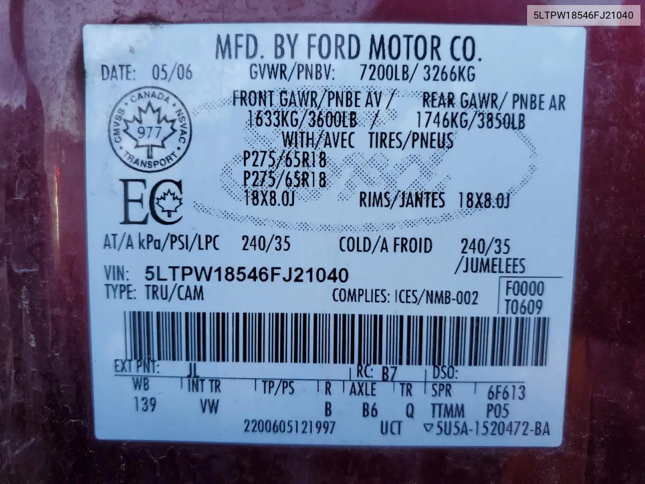 2006 Lincoln Mark Lt VIN: 5LTPW18546FJ21040 Lot: 60074145