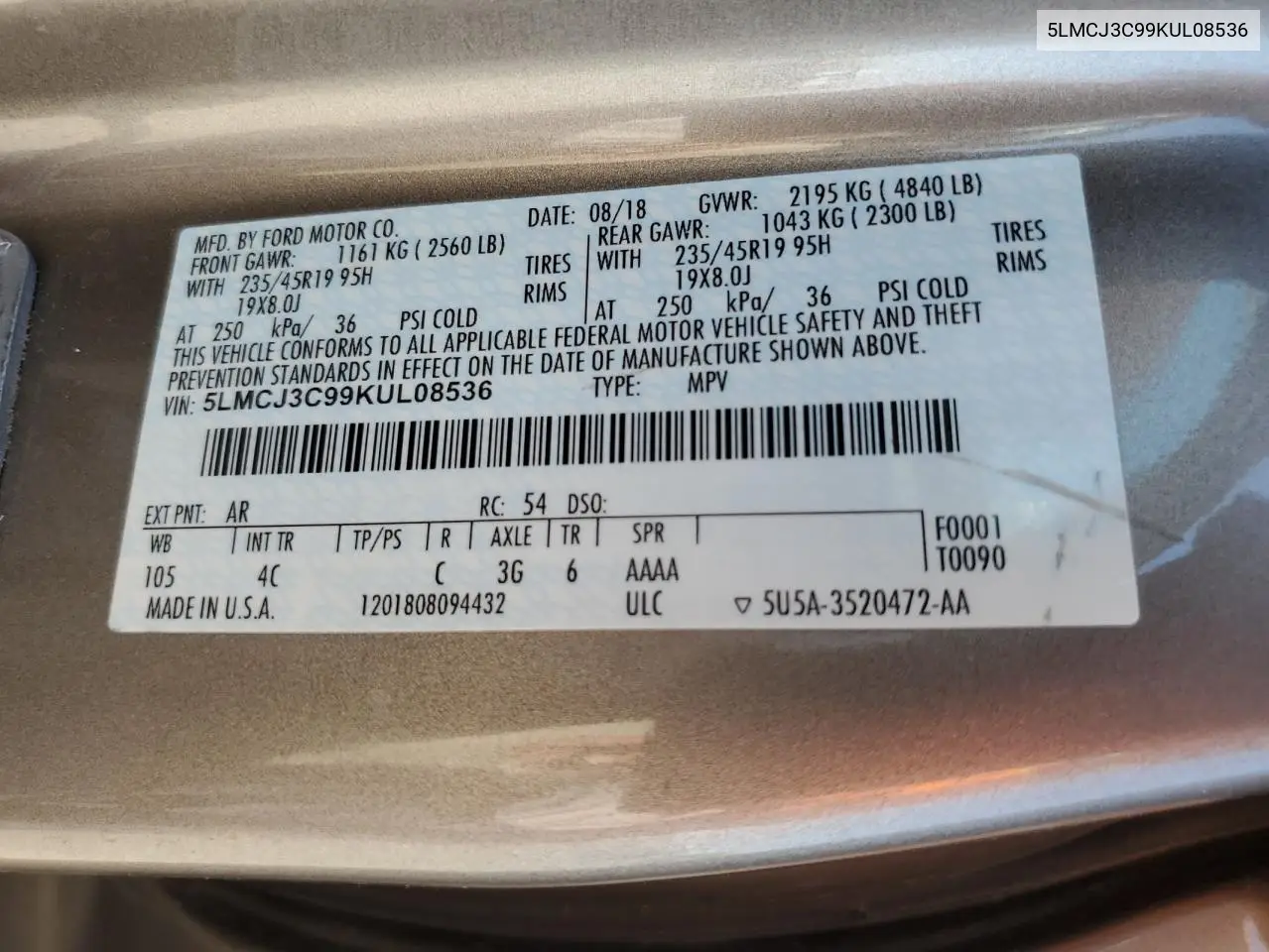 2019 Lincoln Mkc Reserve VIN: 5LMCJ3C99KUL08536 Lot: 59762545