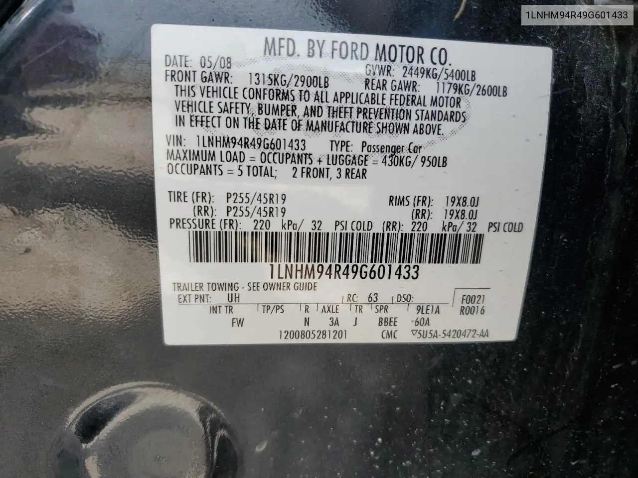 2009 Lincoln Mks VIN: 1LNHM94R49G601433 Lot: 62704855