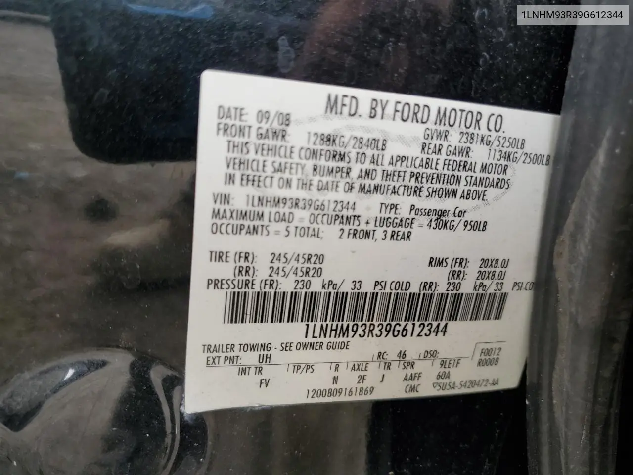 2009 Lincoln Mks VIN: 1LNHM93R39G612344 Lot: 85251714
