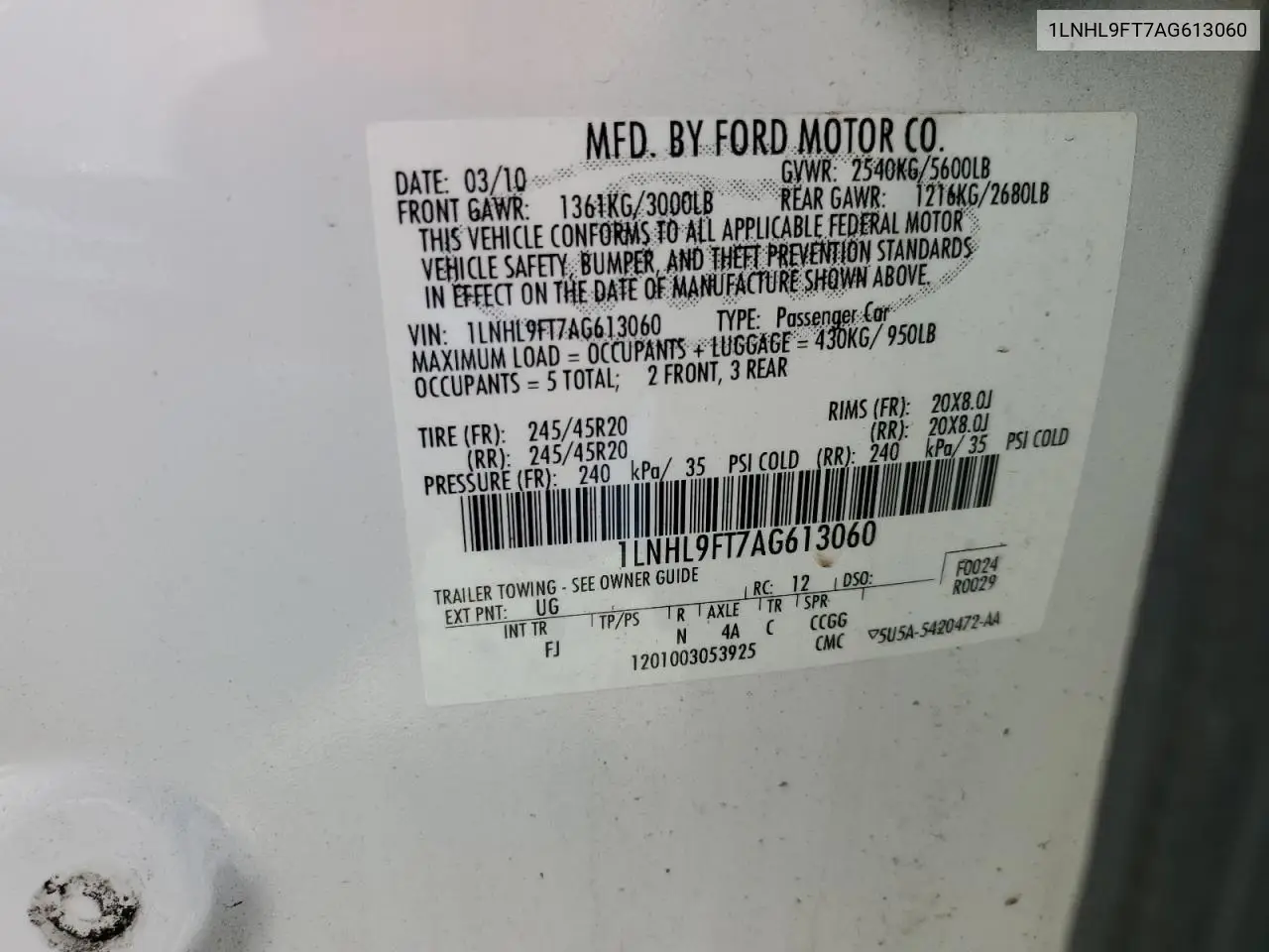 2010 Lincoln Mks VIN: 1LNHL9FT7AG613060 Lot: 59070625