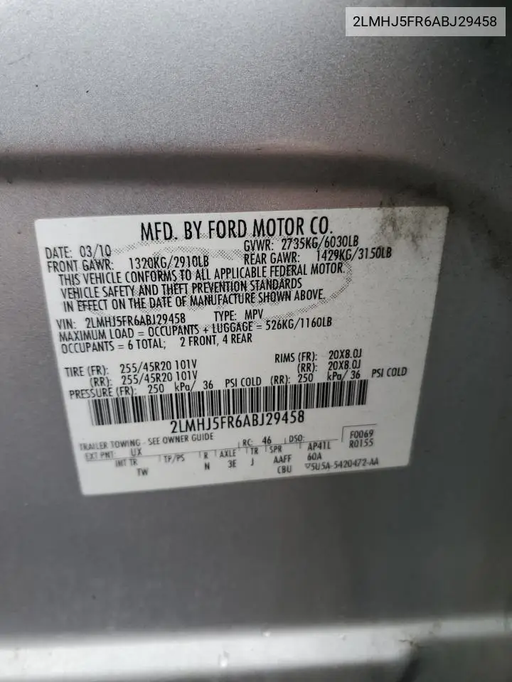 2010 Lincoln Mkt VIN: 2LMHJ5FR6ABJ29458 Lot: 59148715