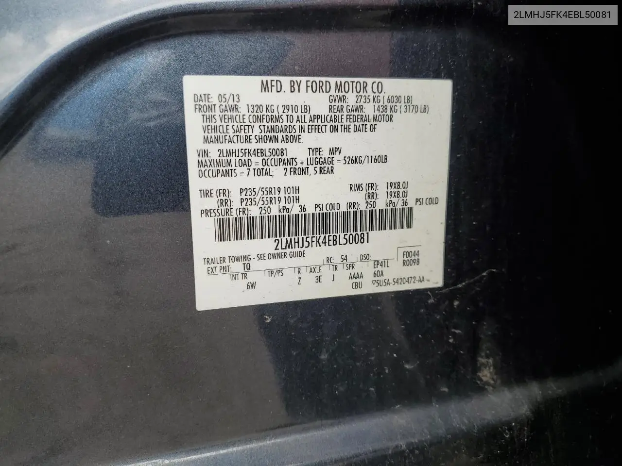 2014 Lincoln Mkt VIN: 2LMHJ5FK4EBL50081 Lot: 63154445