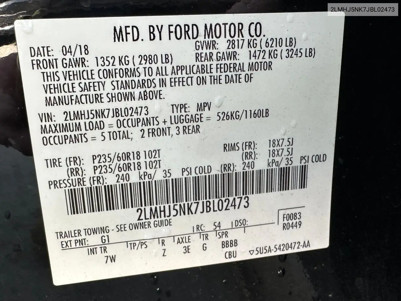 2018 Lincoln Mkt VIN: 2LMHJ5NK7JBL02473 Lot: 56846105
