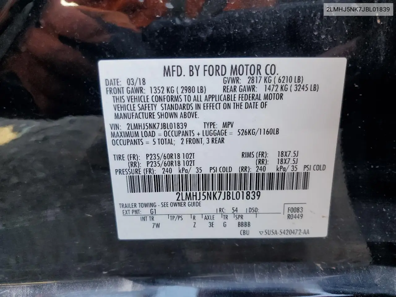 2018 Lincoln Mkt VIN: 2LMHJ5NK7JBL01839 Lot: 58663865
