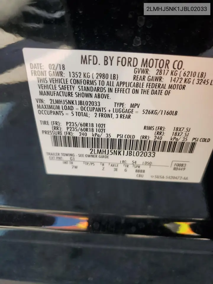 2018 Lincoln Mkt VIN: 2LMHJ5NK1JBL02033 Lot: 61633825