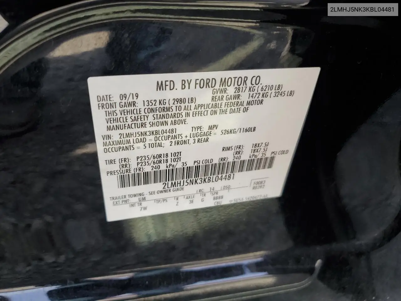2019 Lincoln Mkt VIN: 2LMHJ5NK3KBL04481 Lot: 59771275