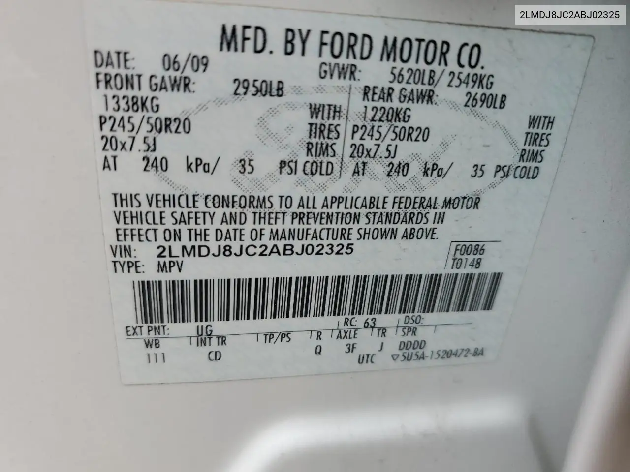 2010 Lincoln Mkx VIN: 2LMDJ8JC2ABJ02325 Lot: 65037825