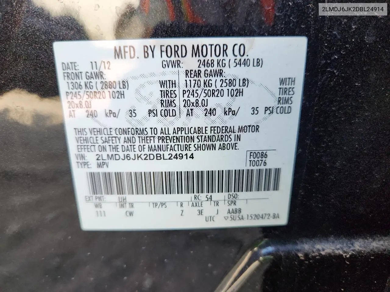 2013 Lincoln Mkx VIN: 2LMDJ6JK2DBL24914 Lot: 65334405
