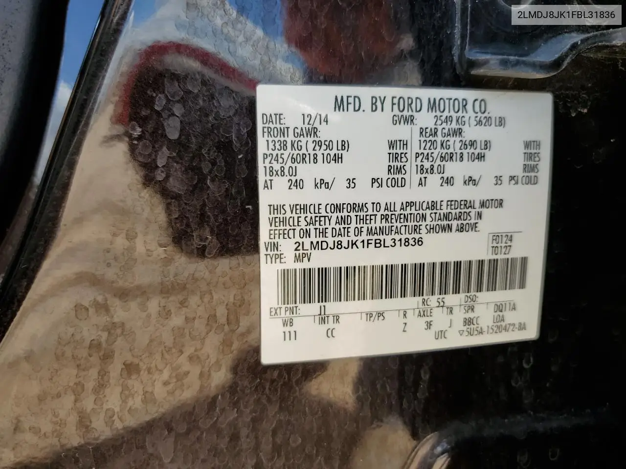 2015 Lincoln Mkx VIN: 2LMDJ8JK1FBL31836 Lot: 56241005